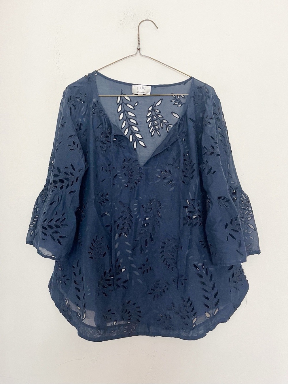 Johnny Was Jade Eyelet Blouse Blue Bell Sleeve Cotton Silk